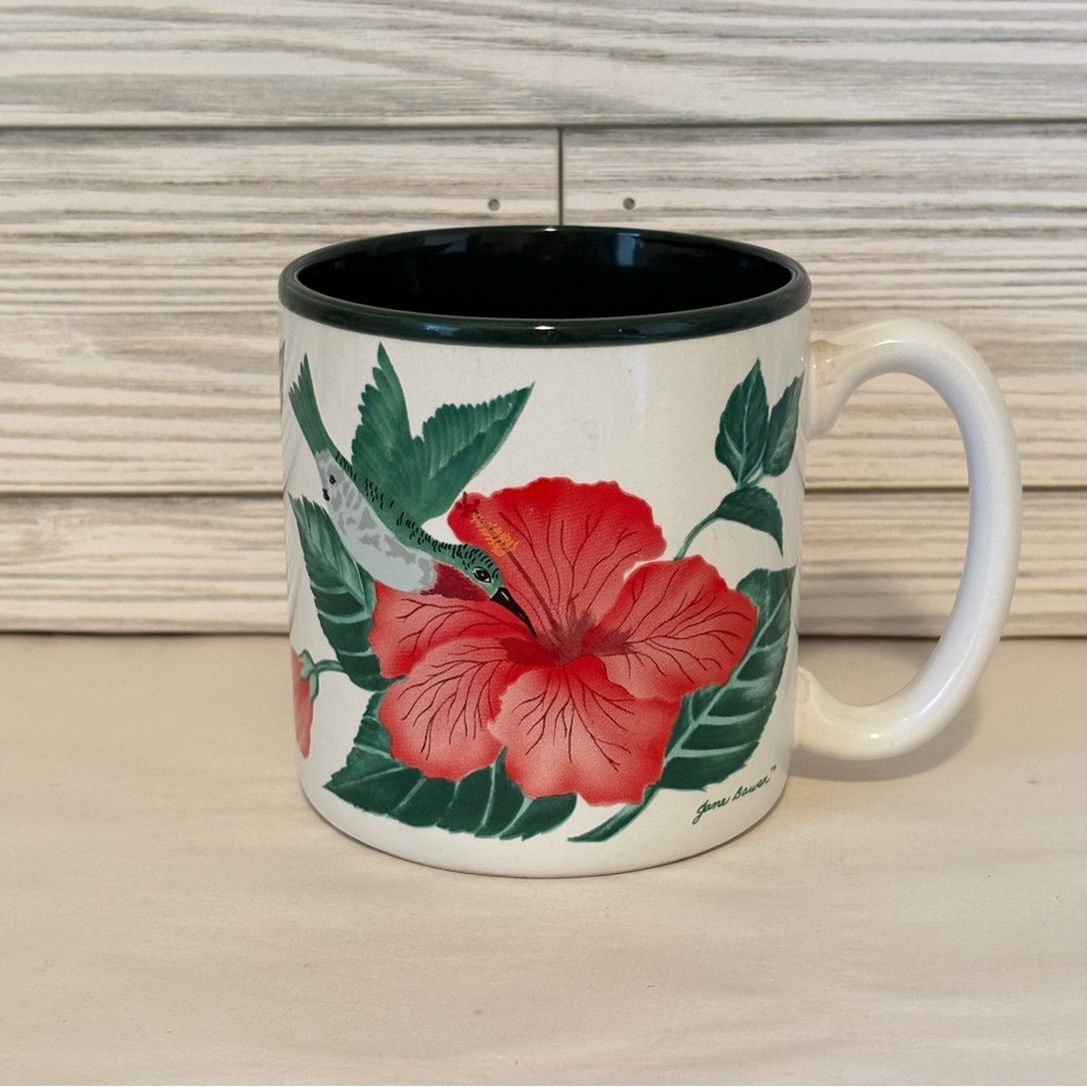 Vintage 1991 Jane Bowen Coffee Mug FIB Hummingbird Hibiscus Floral Print 12oz